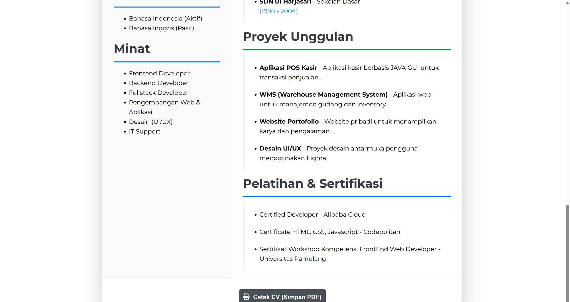 Tampilan Cetak CV